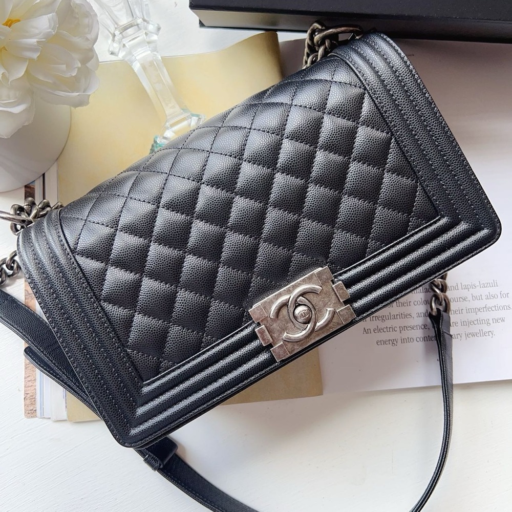 Chanel Medium Caviar Black Boy Bag Silver